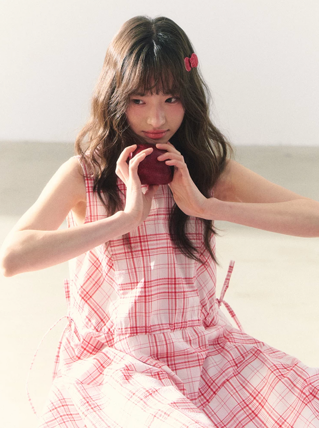 Pink checked sleeveless adjustable tank dress