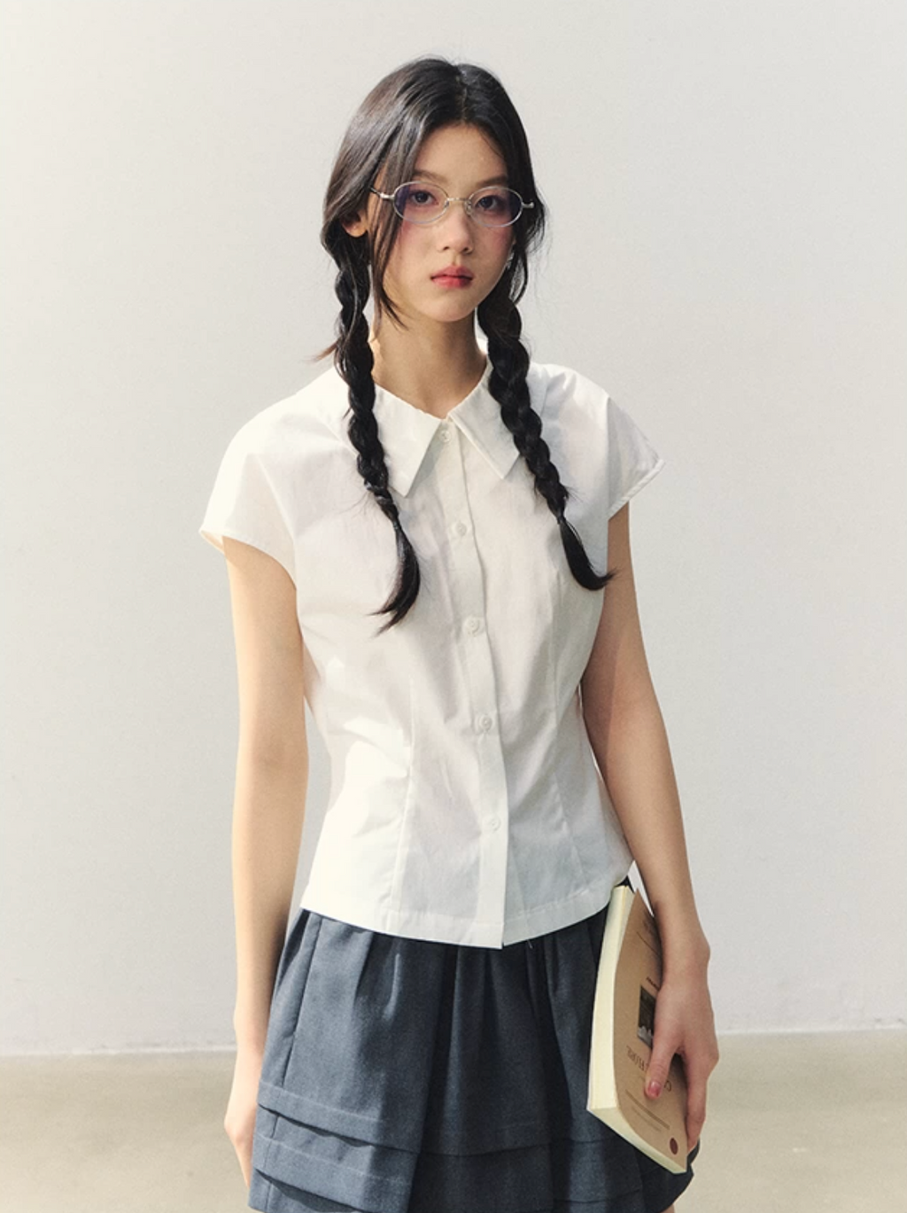 White slim-fit button-up t-shirt