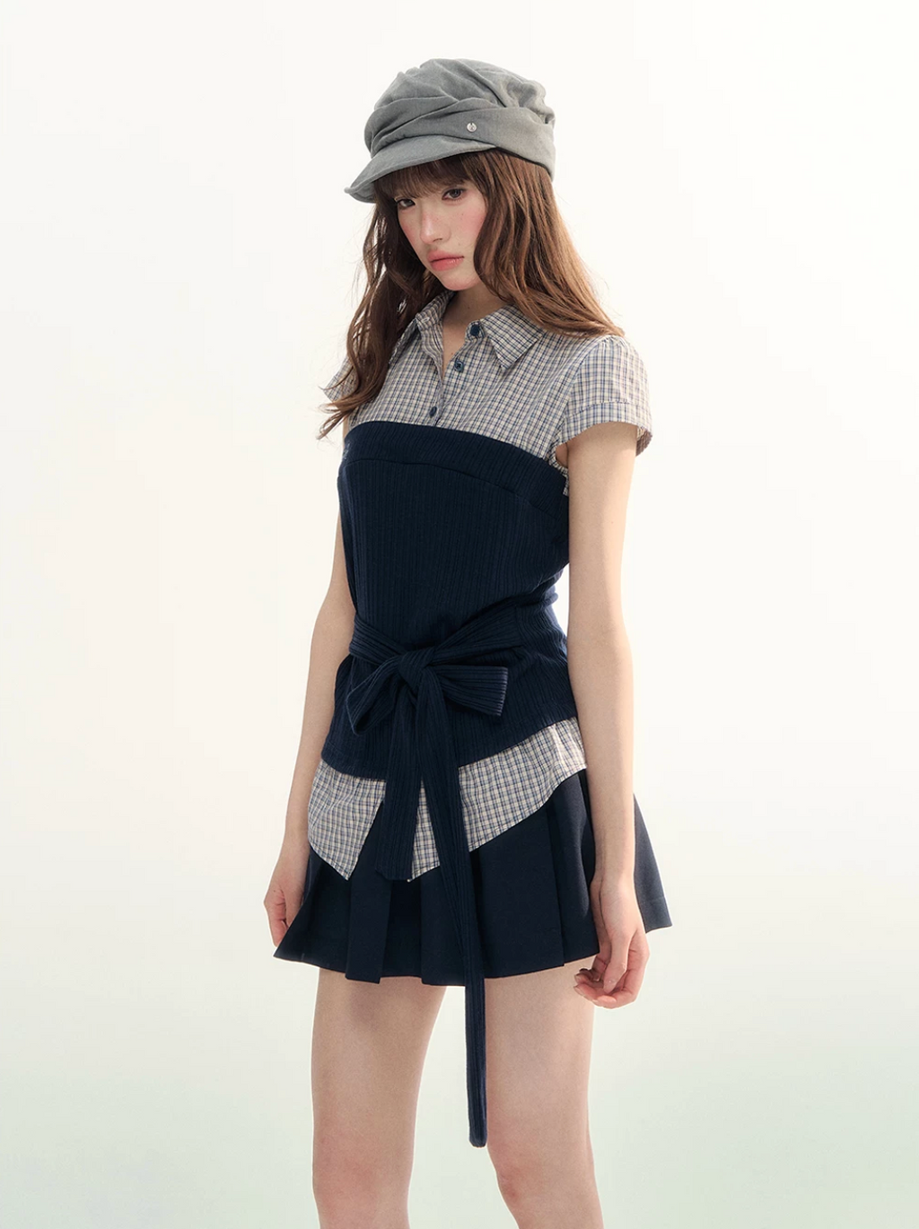 Plaid knit top and a-line skirt set