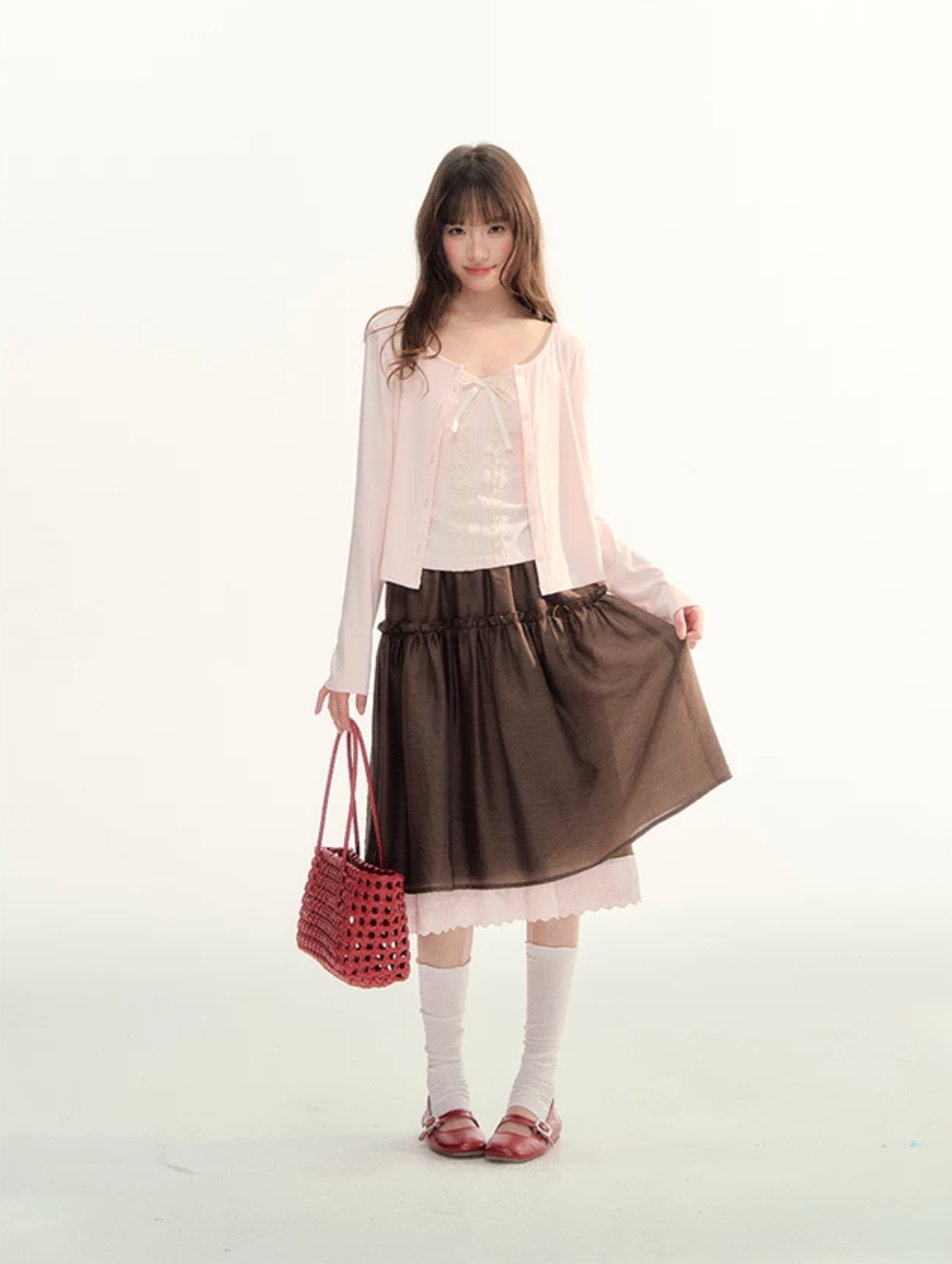 Lace trim a-line skirt with elastic waistband