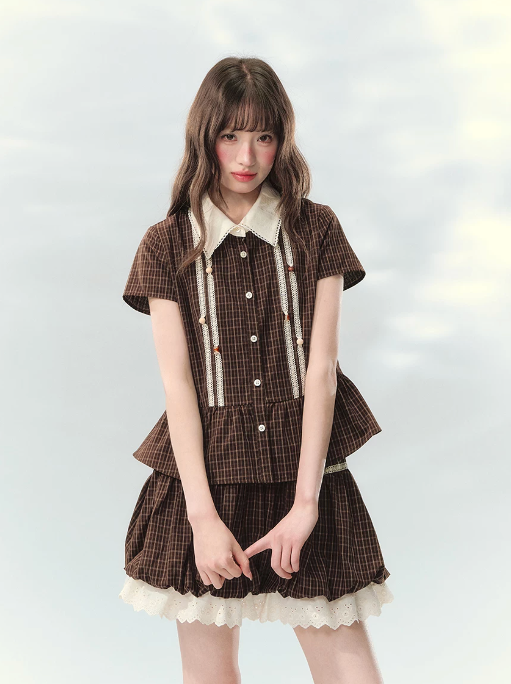 Caramel checkered top and skirt set