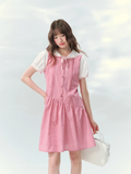 Pink colorblock a-line dress with puff sleeves