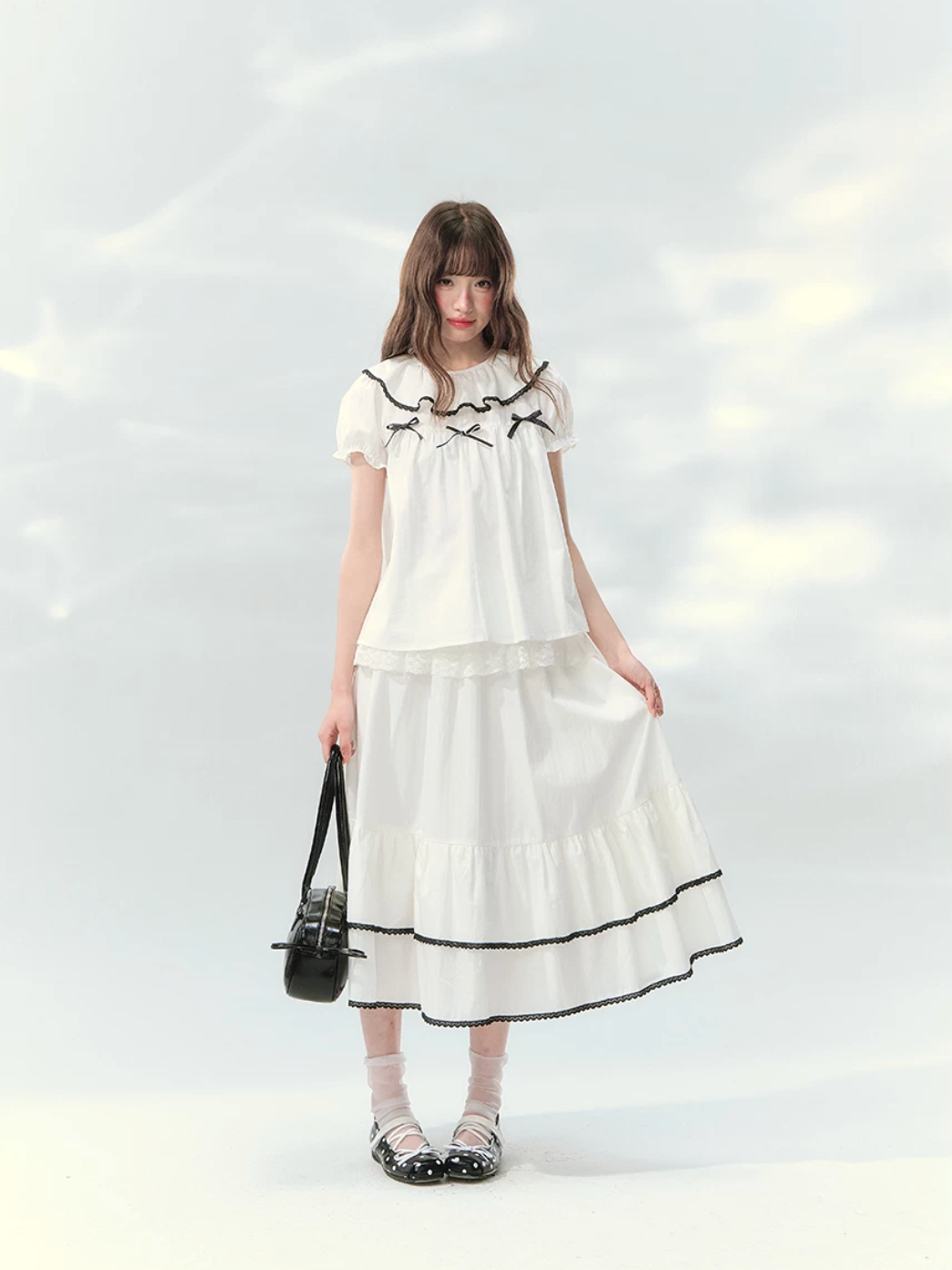 White doll top and skirt set with puff sleeves