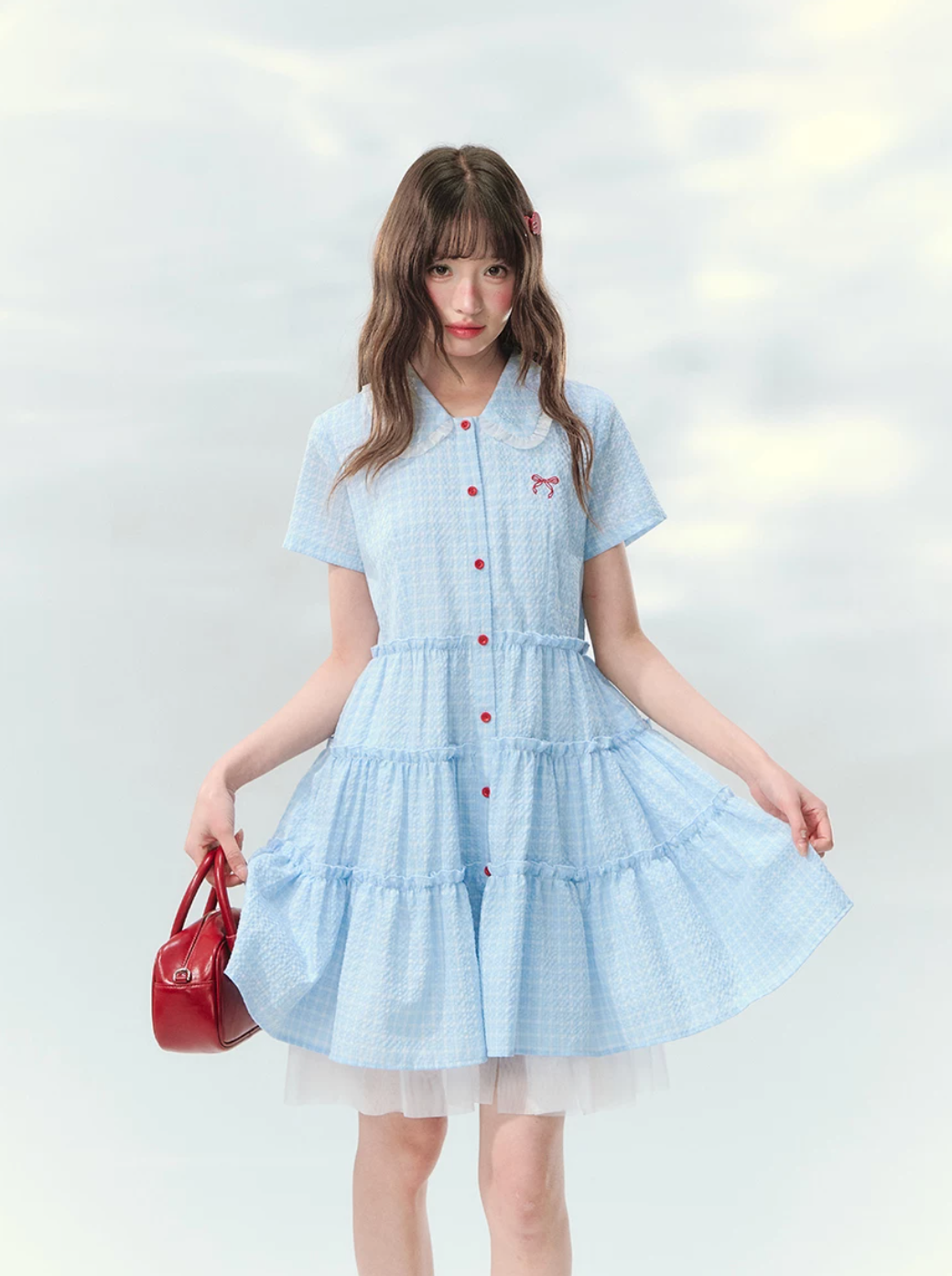 Blue checkered bow embroidered cake dress