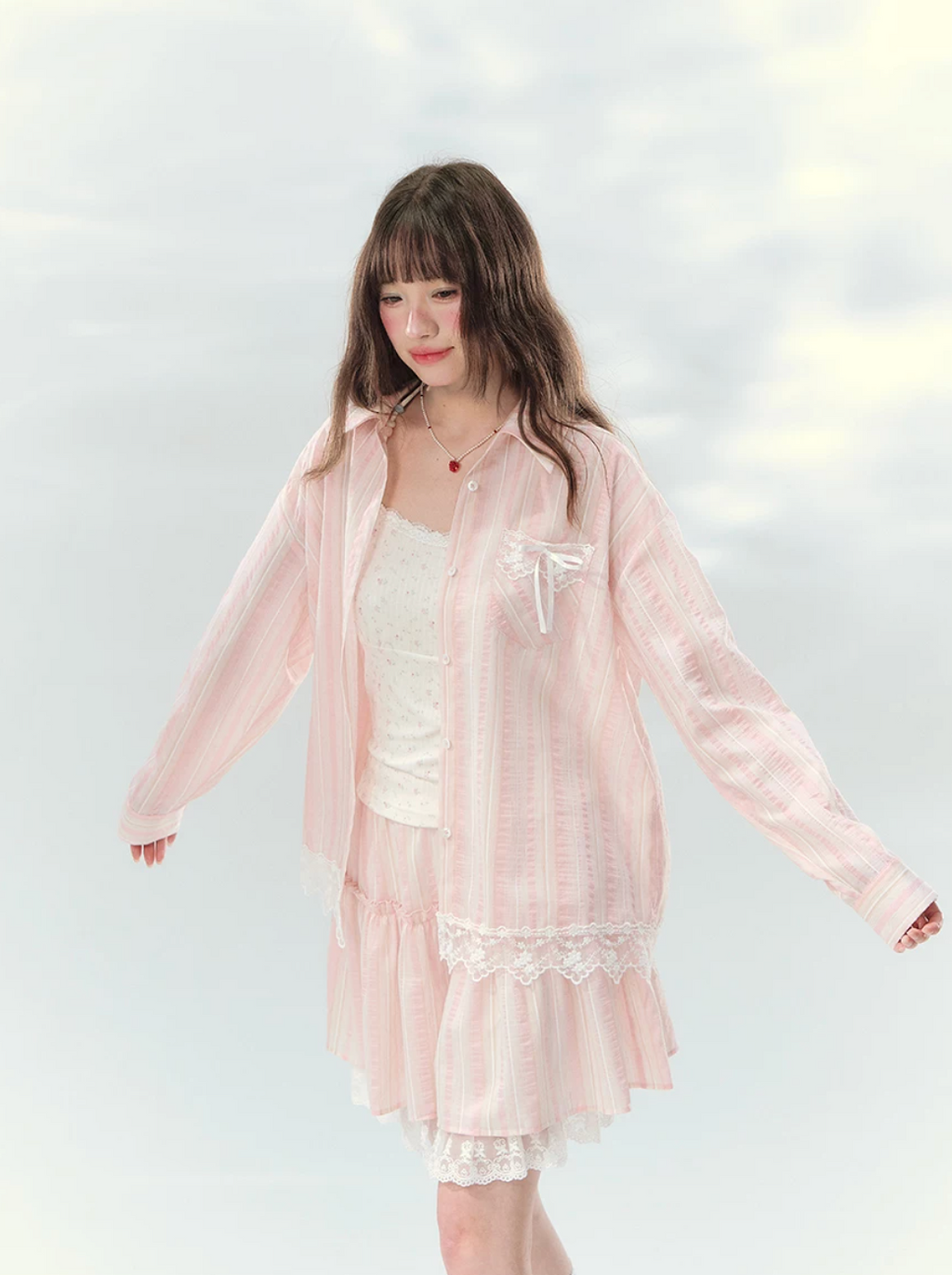 Pink striped lace trim top and skirt set