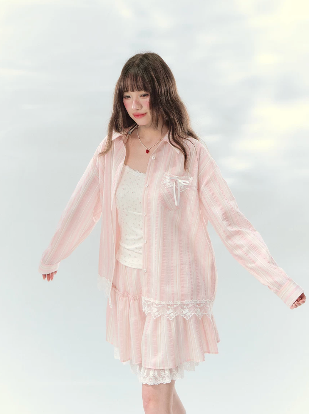 Pink striped lace trim top and skirt set