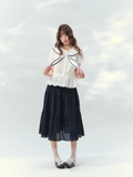 Navy collar lace trim short sleeve skirt and top set