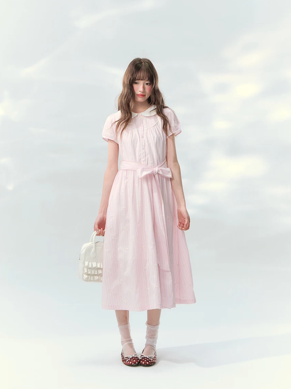 Pink doll collar embroidered tie waist a-line dress