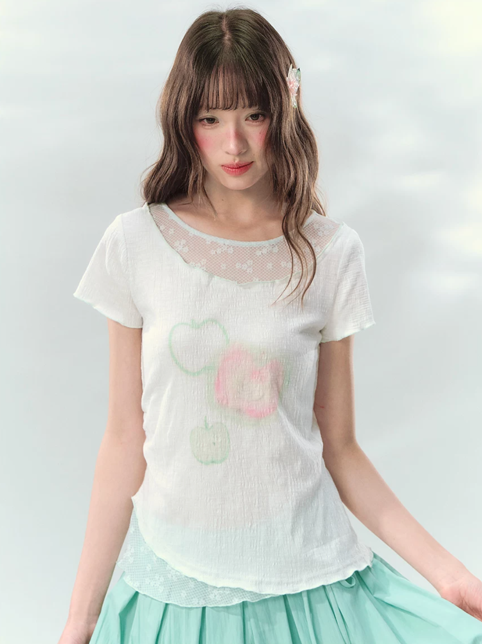 Apple print t-shirt with sheer mesh detail