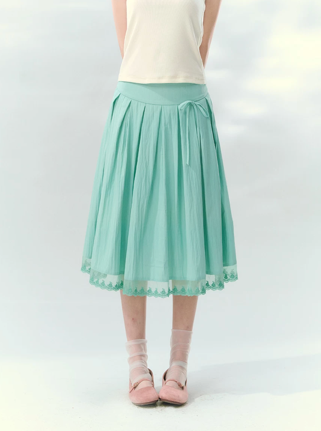 Mint high waist lace trim pleated midi skirt