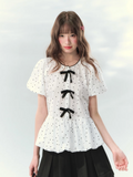 Polka dot puff sleeve cropped top with ribbon details