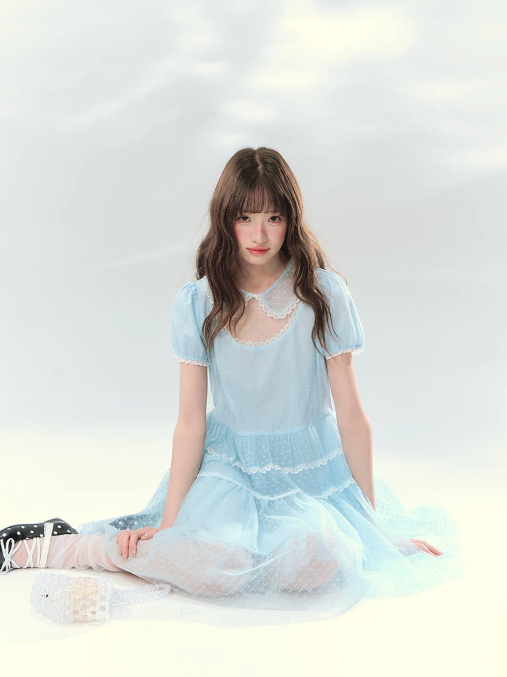 Ice blue polka dot mesh lace cake dress