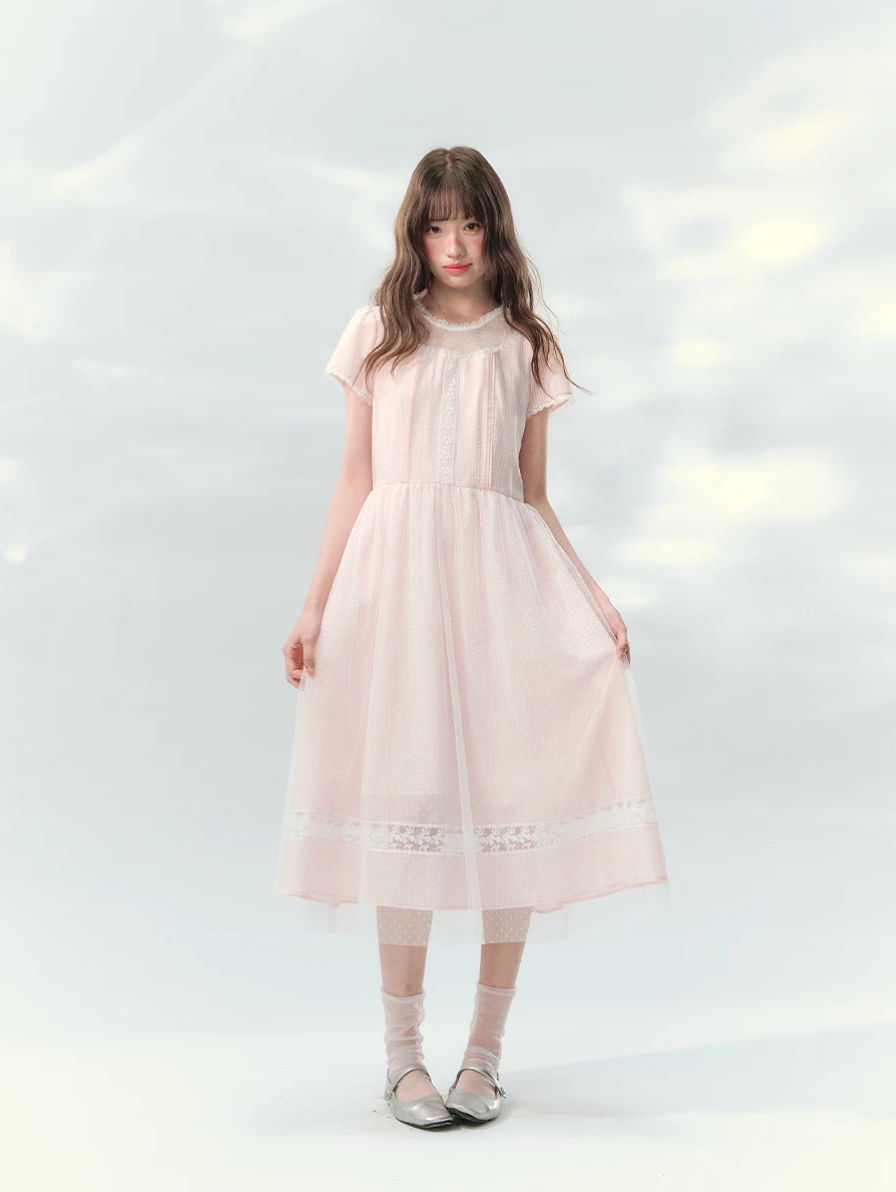 Pink polka dot lace dress with waist tie