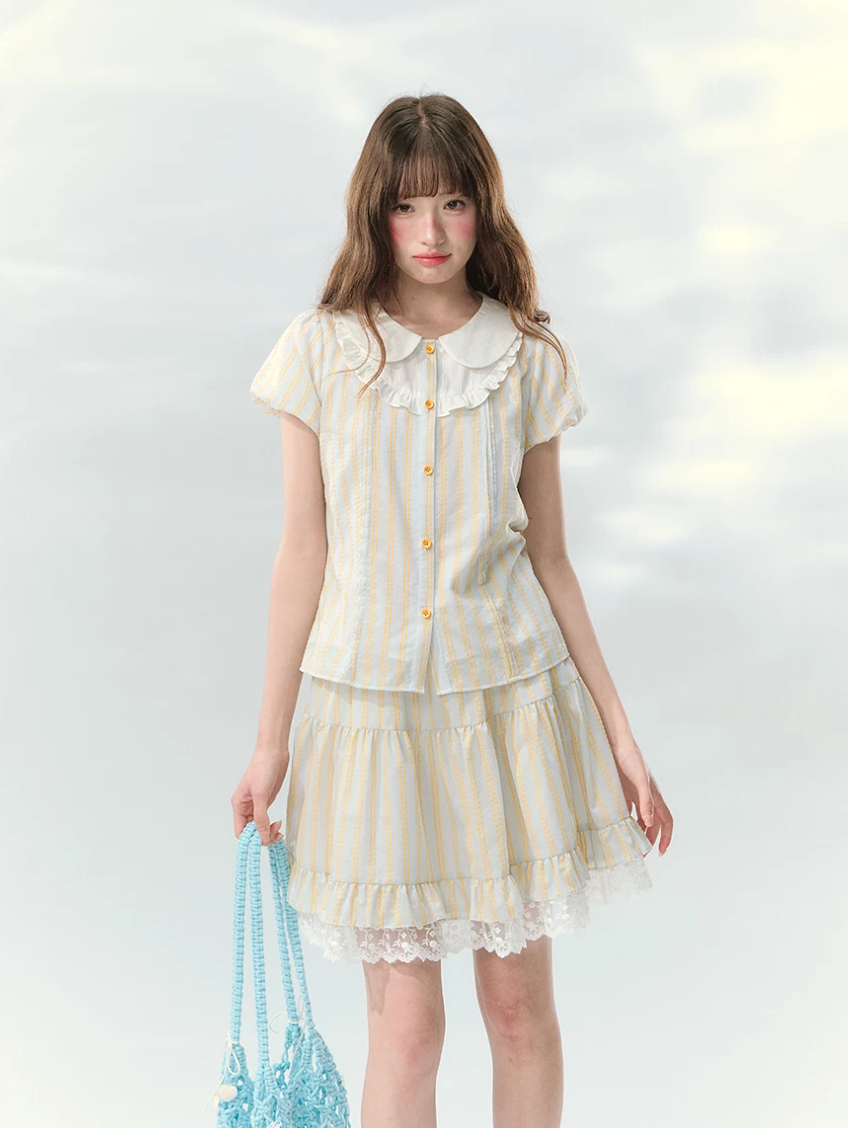 Striped short sleeve shirt and lace skirt set