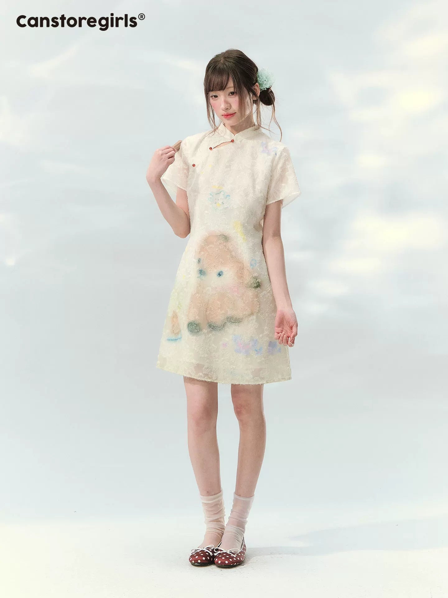 Short velvet deer print qipao dress