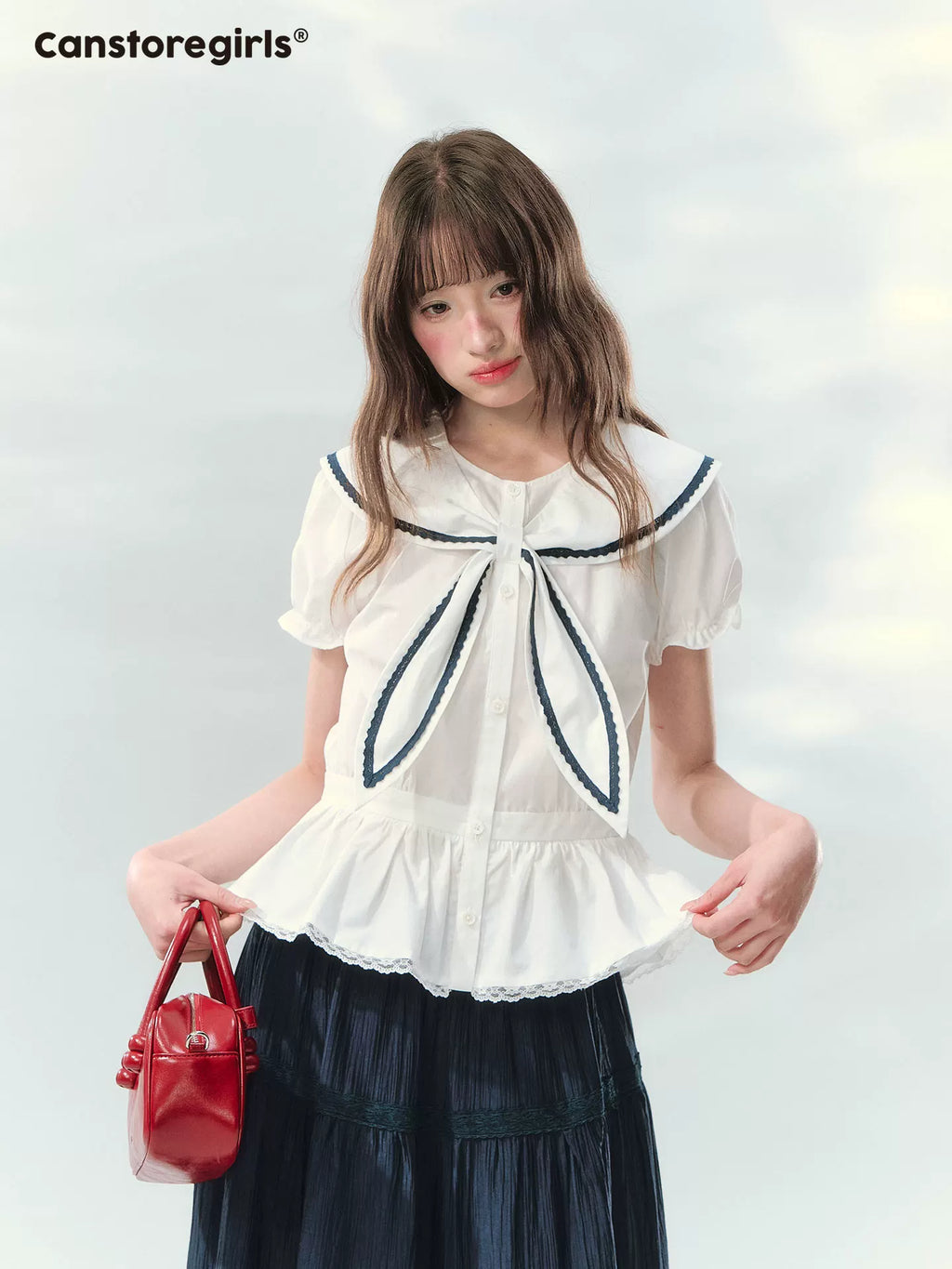 Navy collar lace trim short sleeve skirt and top set