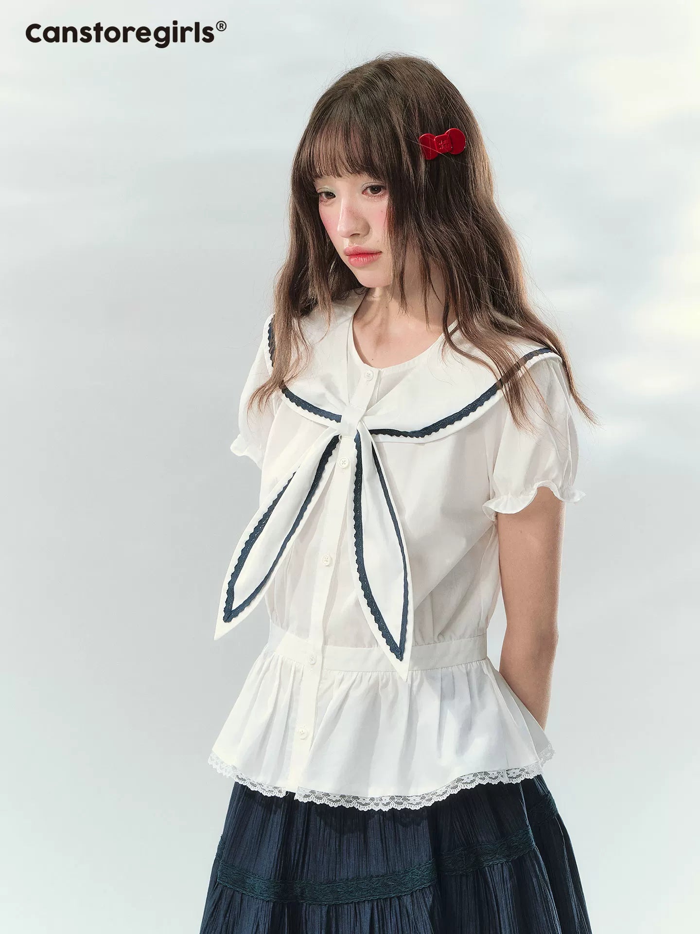 Navy collar lace trim short sleeve skirt and top set