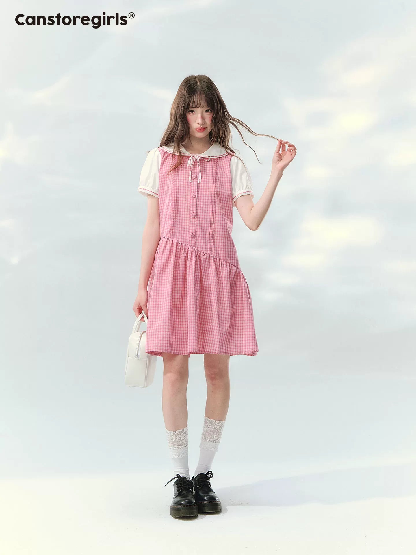 Pink colorblock a-line dress with puff sleeves