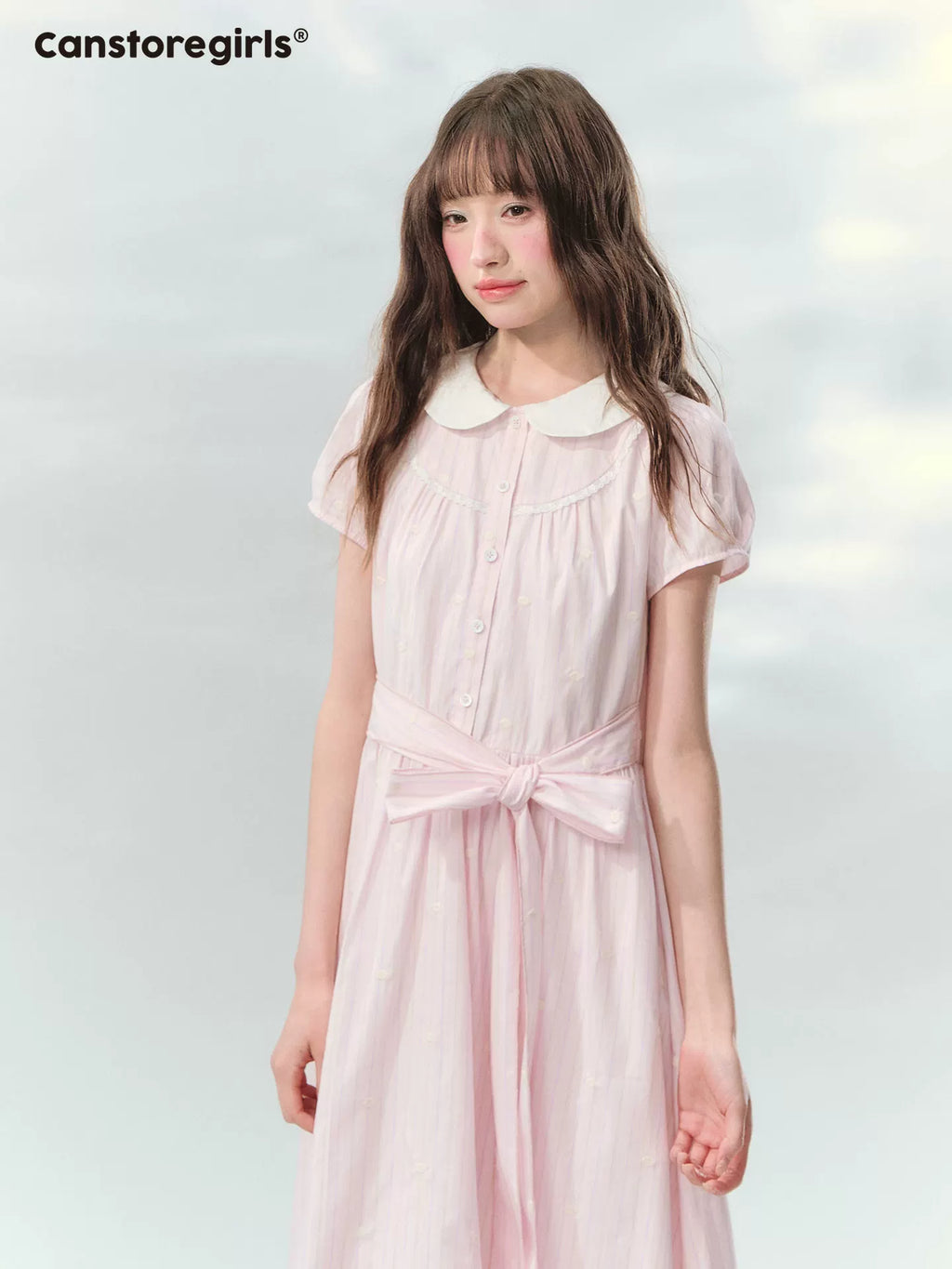 Pink doll collar embroidered tie waist a-line dress