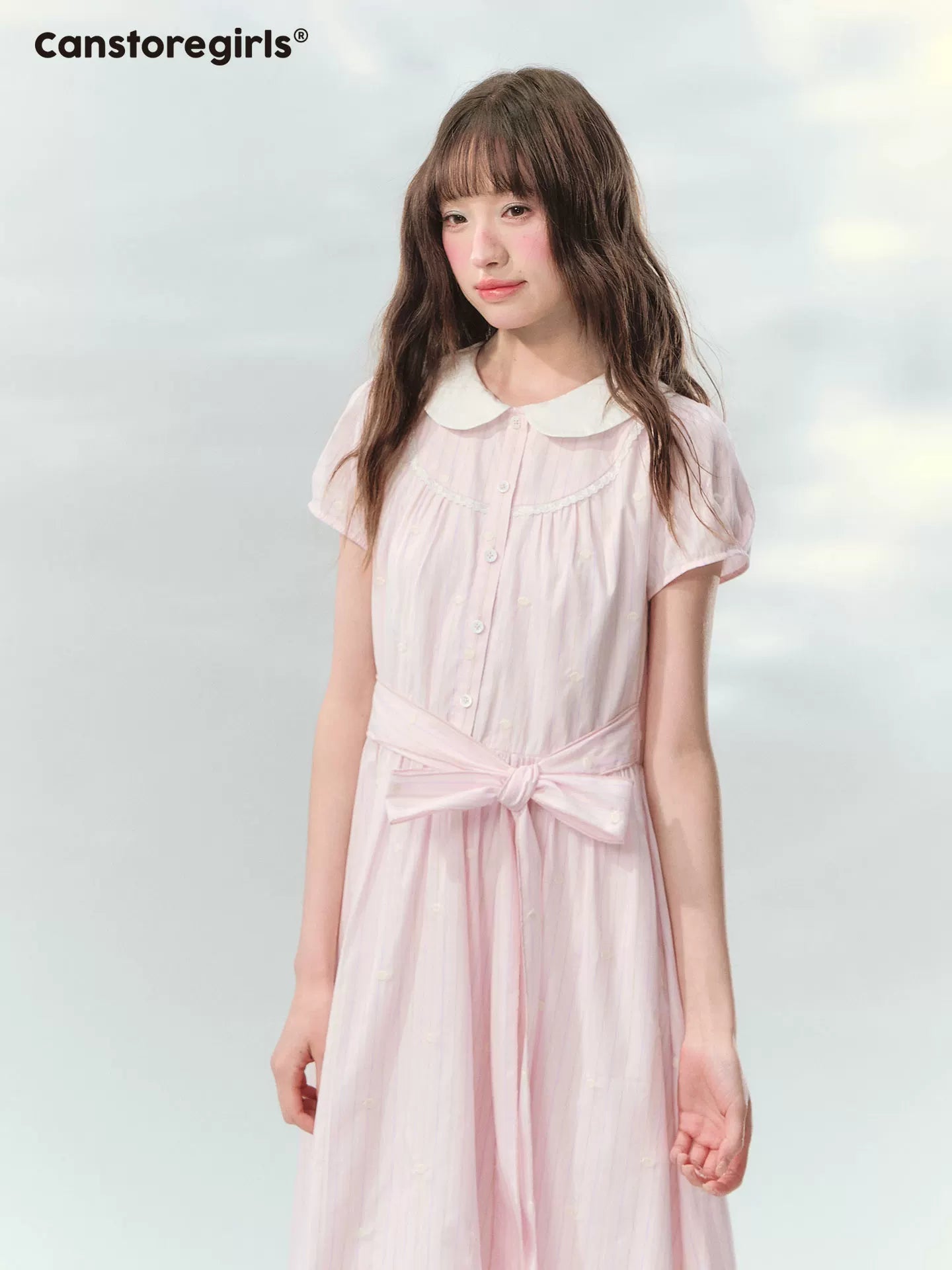 Pink doll collar embroidered tie waist a-line dress