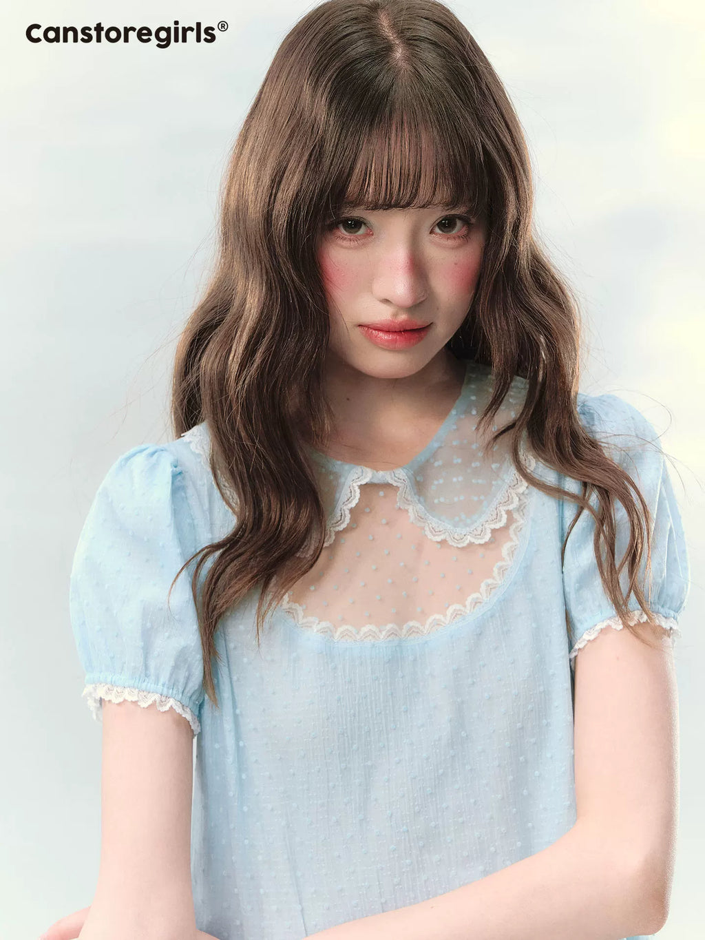 Ice blue polka dot mesh lace cake dress