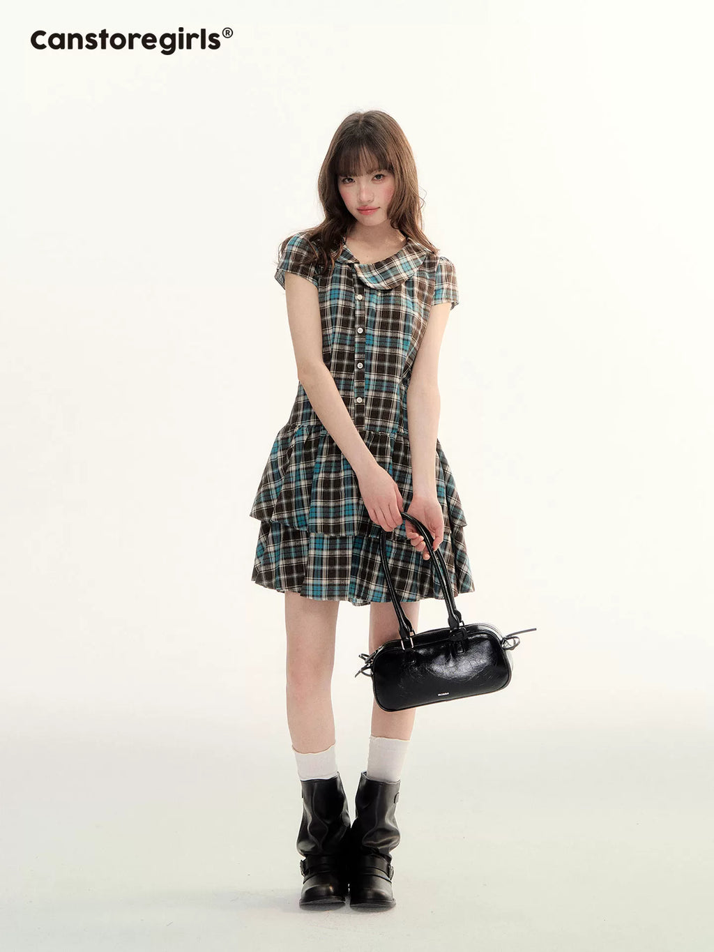 Pleated checkered short sleeve dress