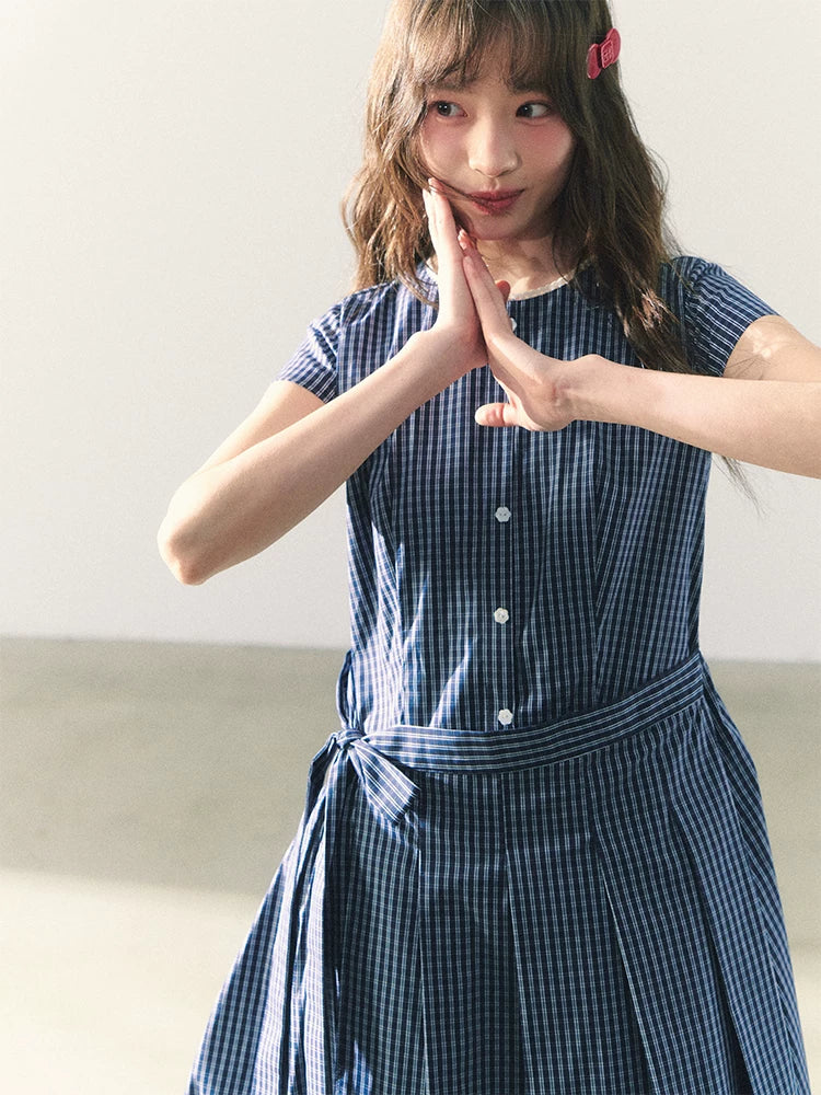 Bow tie strap short sleeves checkered dress