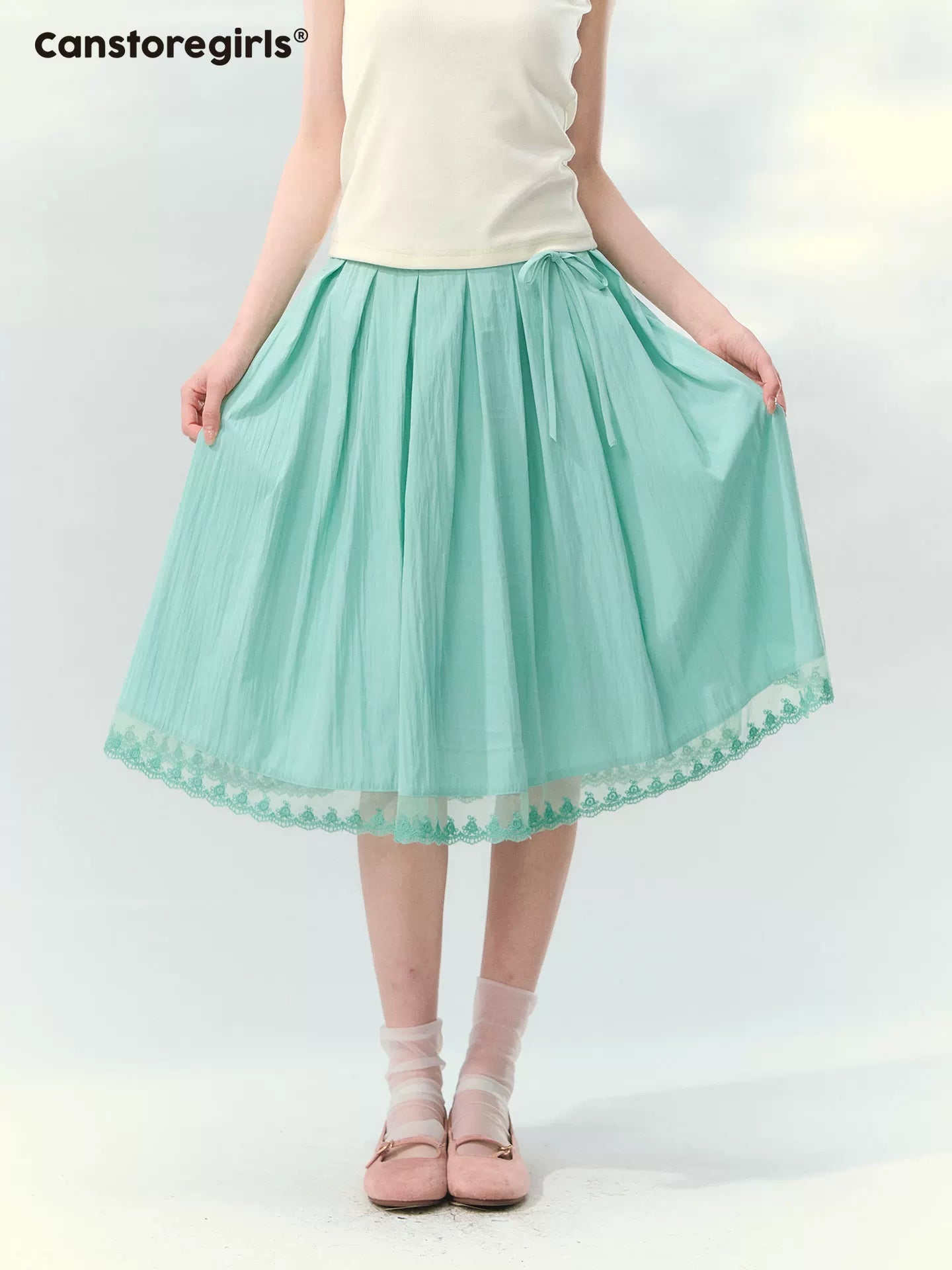 Mint high waist lace trim pleated midi skirt