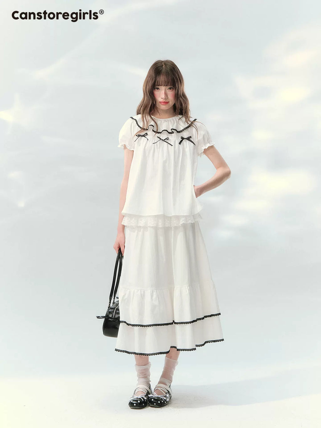 White doll top and skirt set with puff sleeves