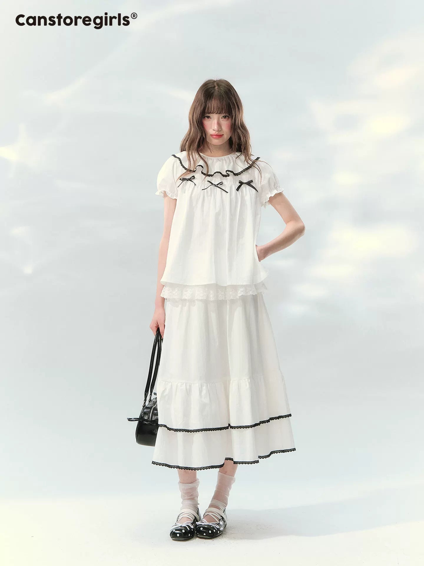 White doll top and skirt set with puff sleeves