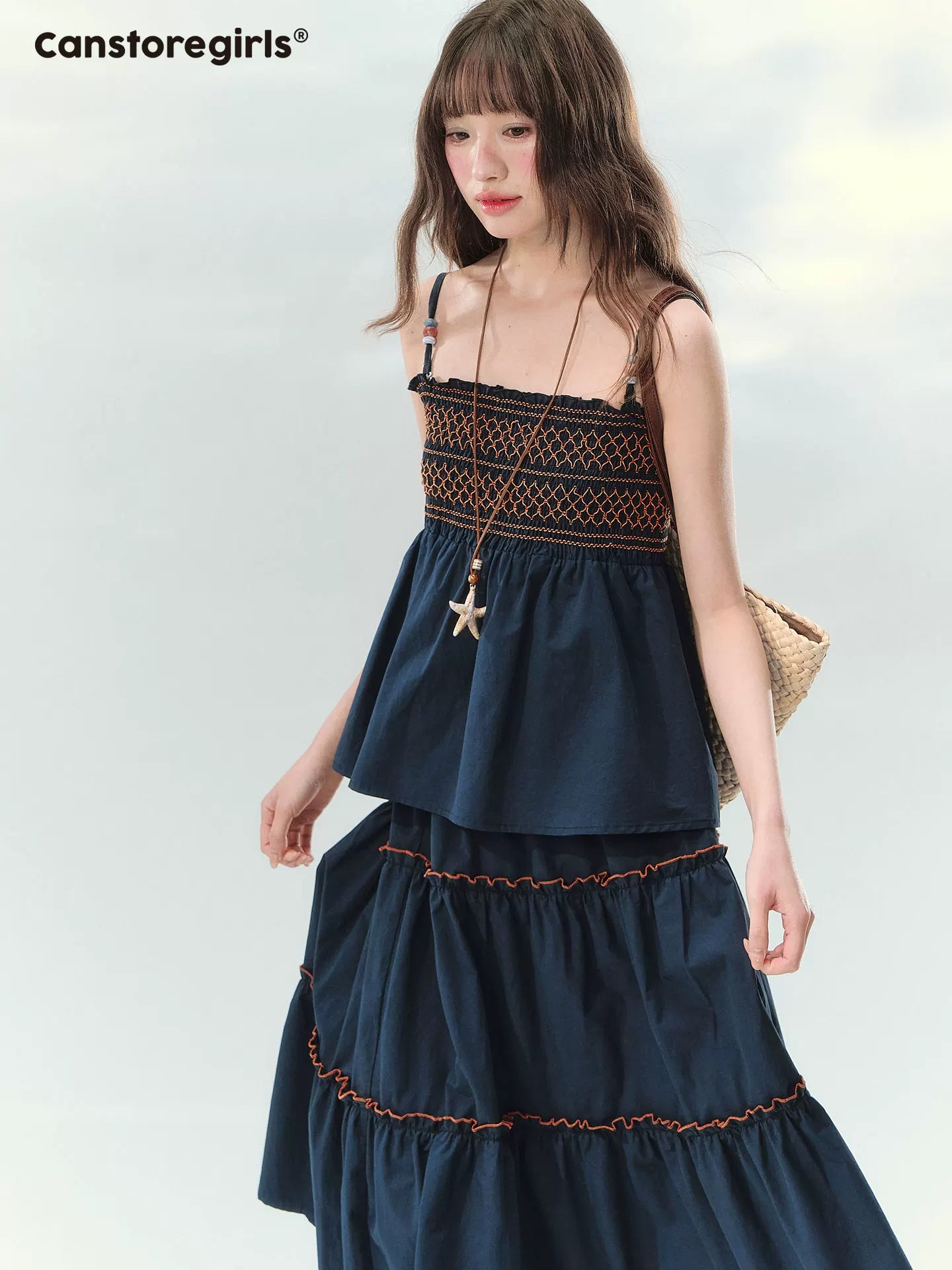 Embroidered beaded camisole and skirt set