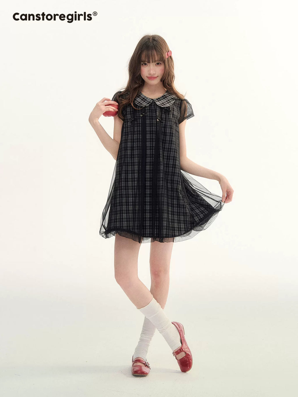 Mesh top and skirt set in black checks