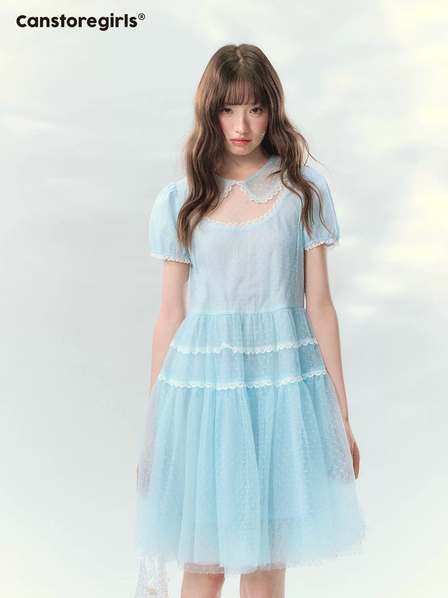 Ice blue polka dot mesh lace cake dress