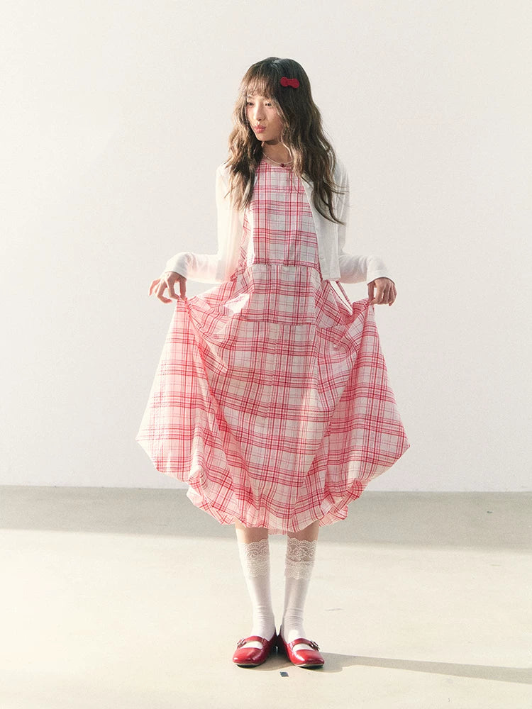 Pink checked sleeveless adjustable tank dress