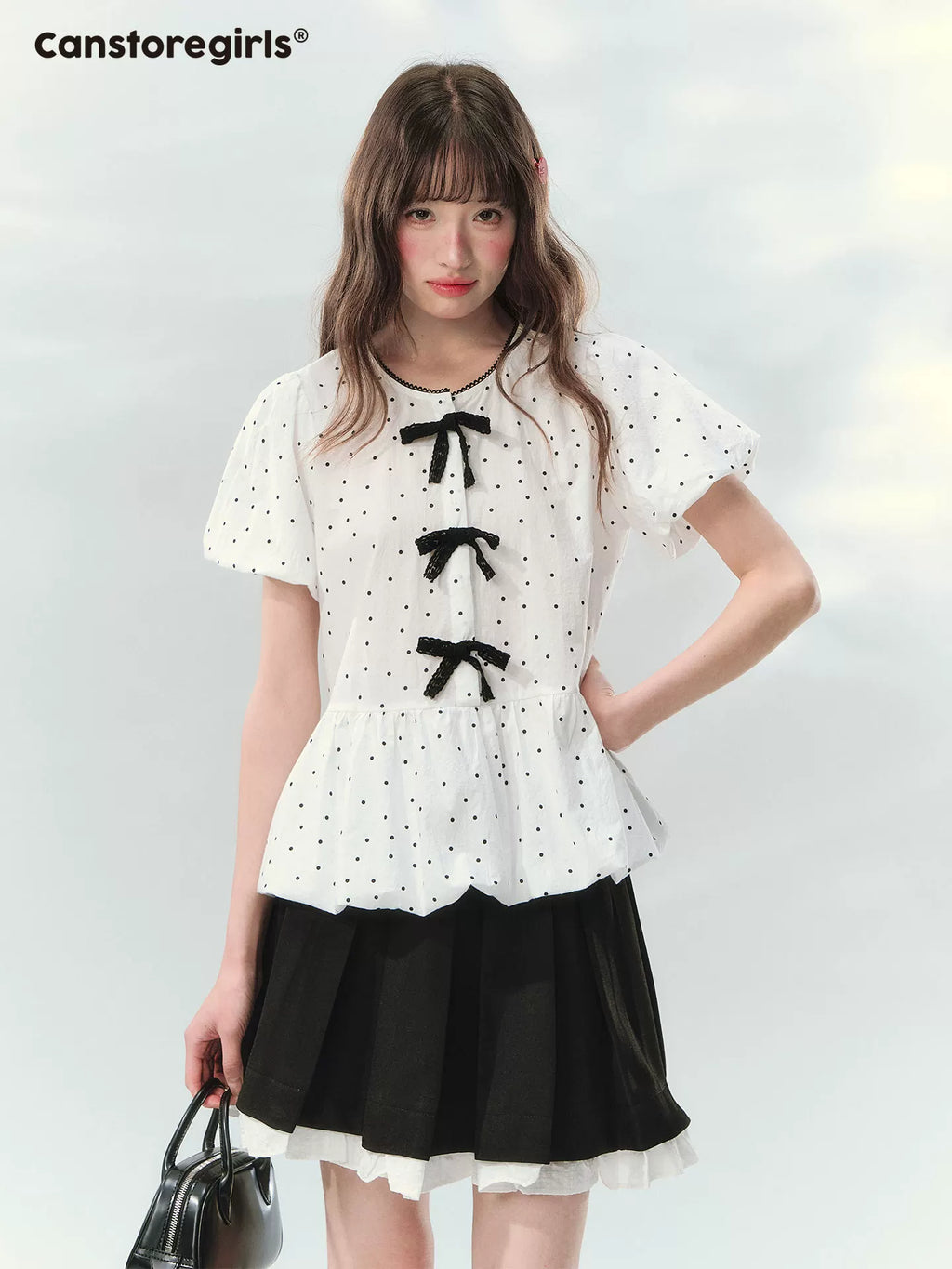 Polka dot puff sleeve cropped top with ribbon details