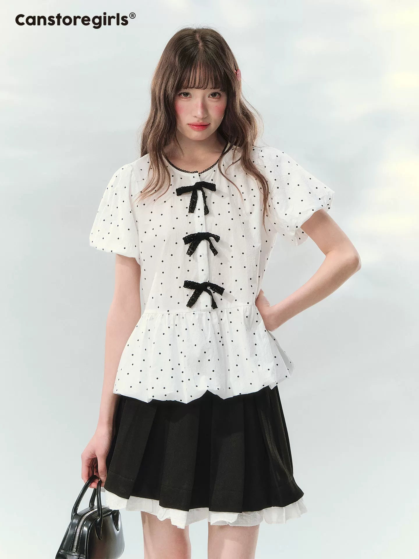 Polka dot puff sleeve cropped top with ribbon details