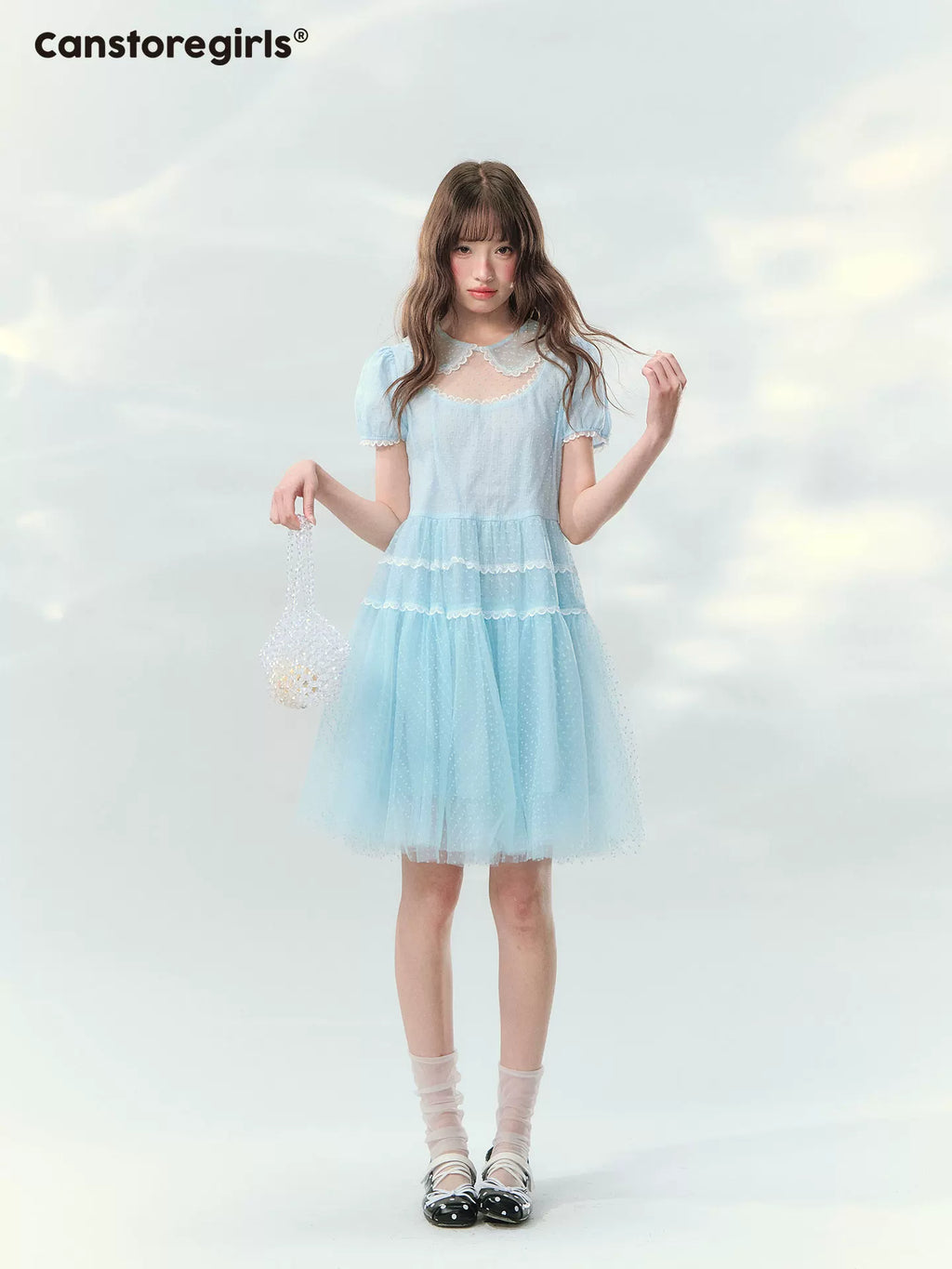 Ice blue polka dot mesh lace cake dress