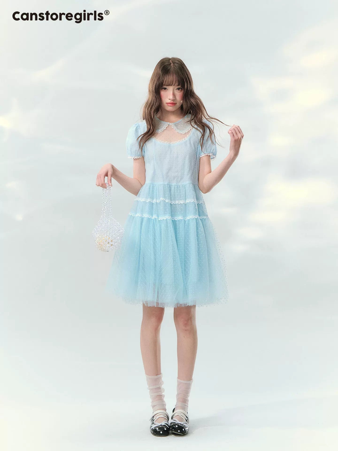 Ice blue polka dot mesh lace cake dress