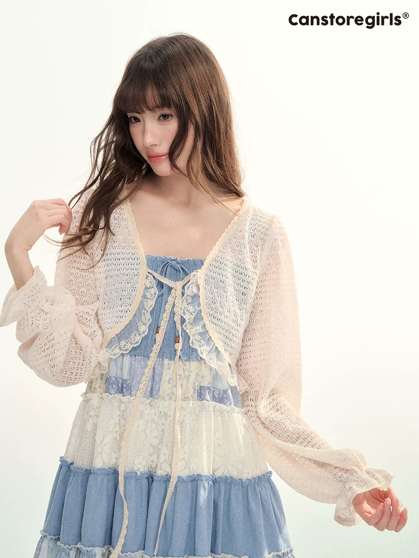 青と白のパッチワークロングケーキドレス – Canstoregirls