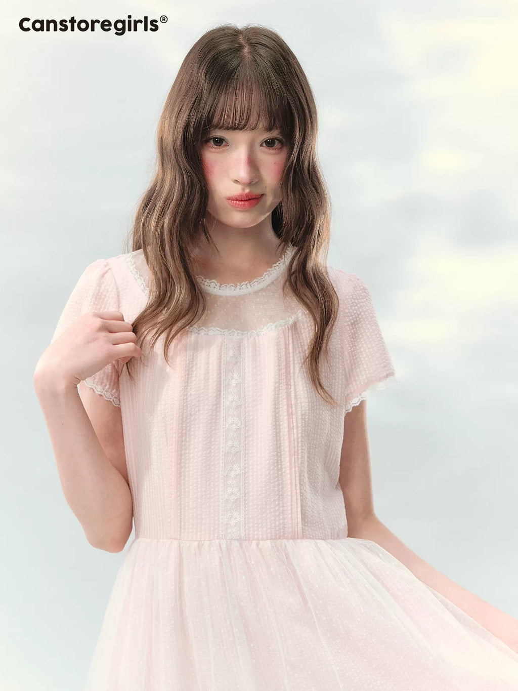 Pink polka dot lace dress with waist tie