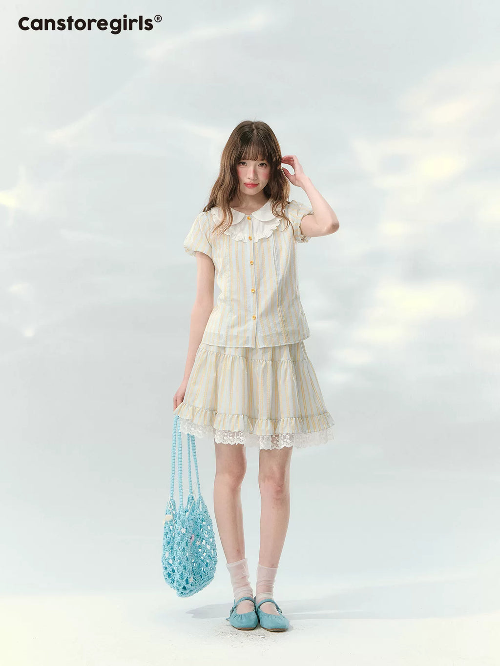 Striped short sleeve shirt and lace skirt set