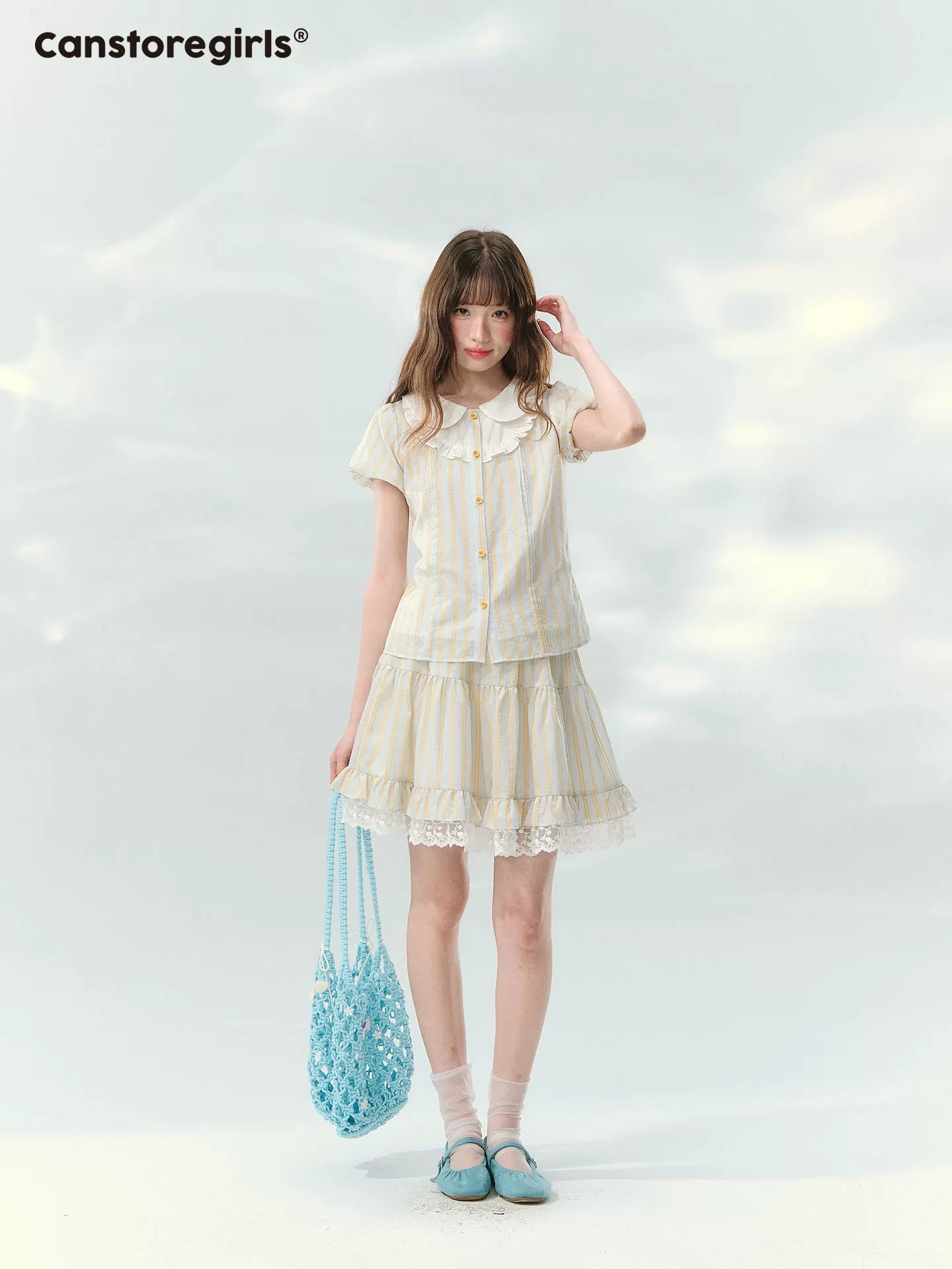 Striped short sleeve shirt and lace skirt set