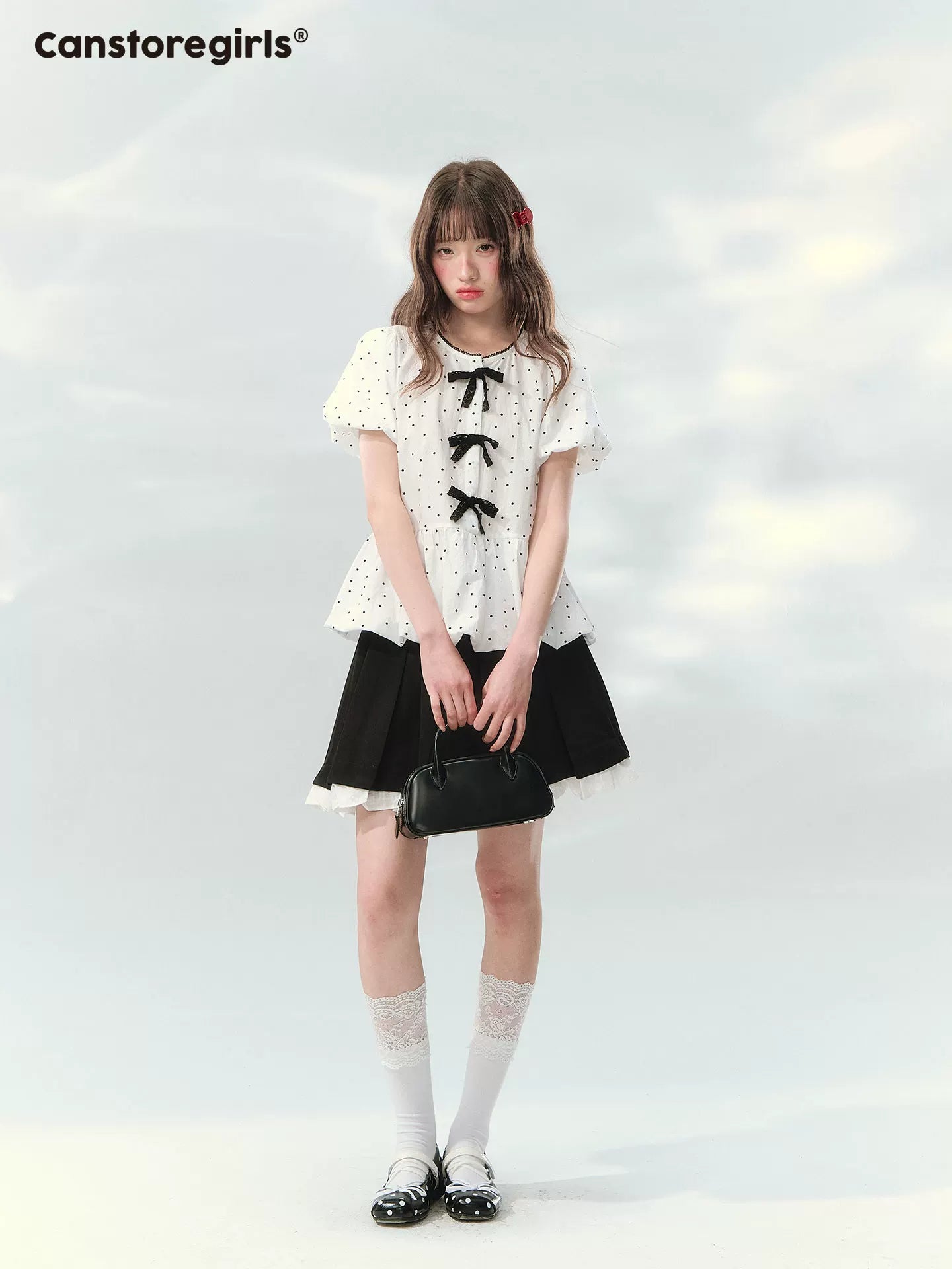 Polka dot puff sleeve cropped top with ribbon details