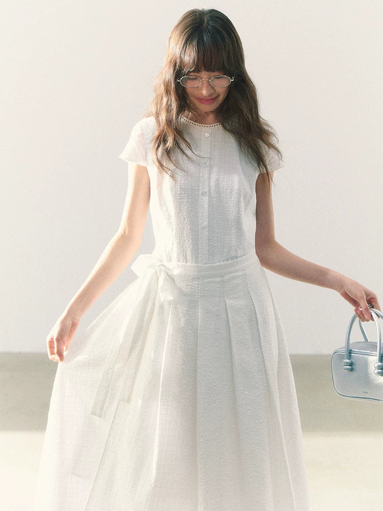 Bow tie strap short sleeves checkered dress