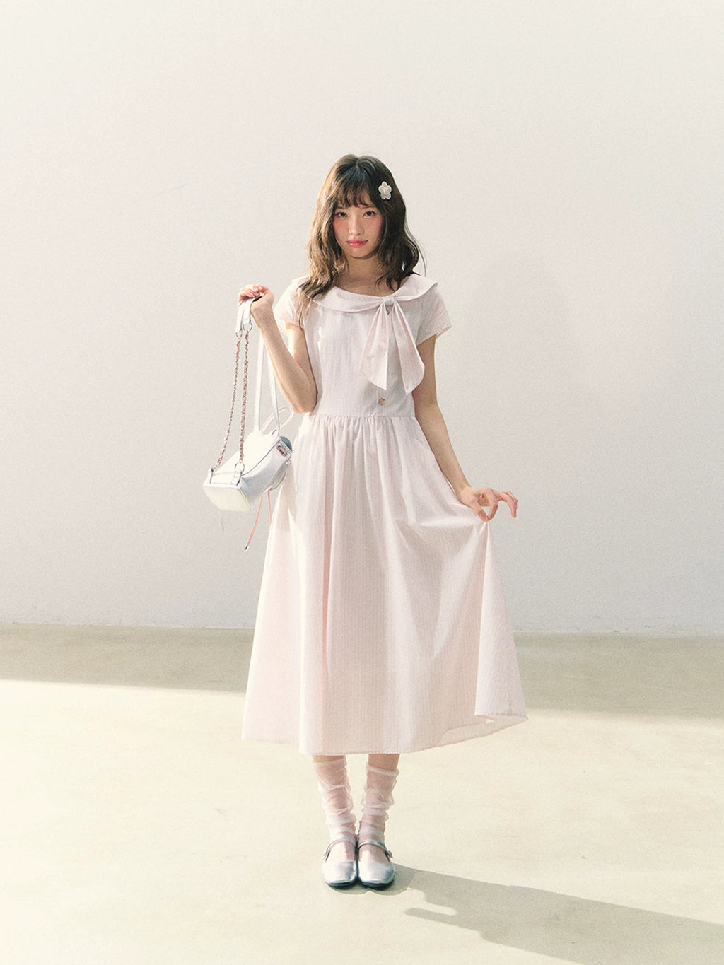 Peach striped bow collar dress