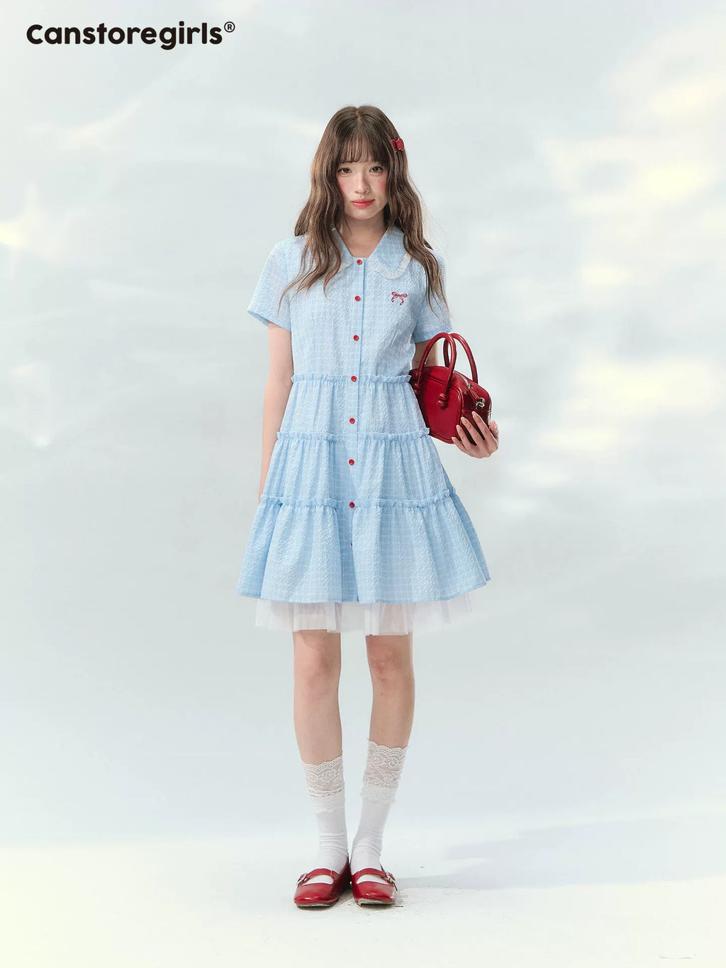 Blue checkered bow embroidered cake dress