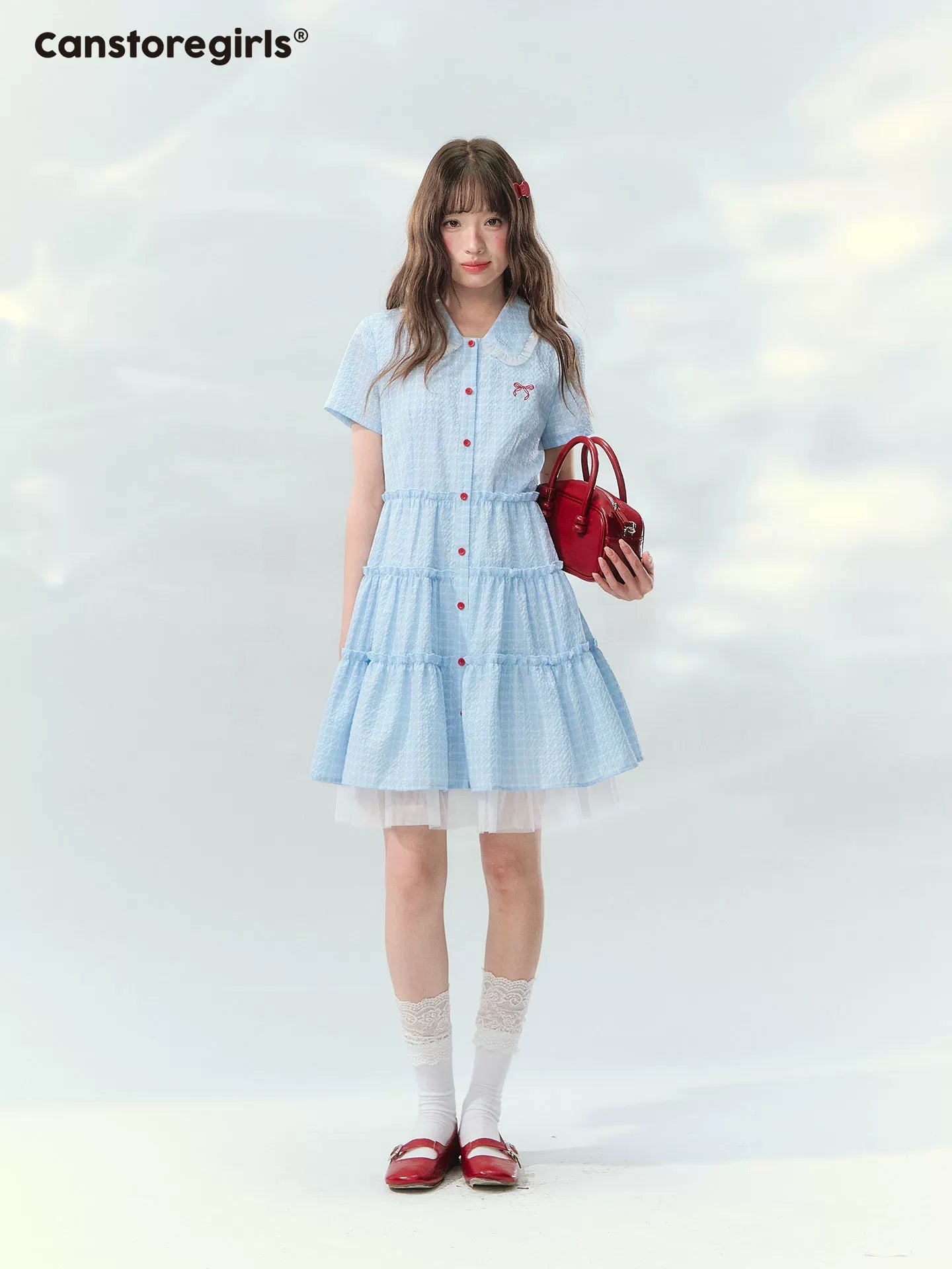 Blue checkered bow embroidered cake dress