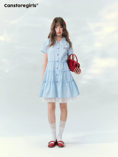 Blue checkered bow embroidered cake dress