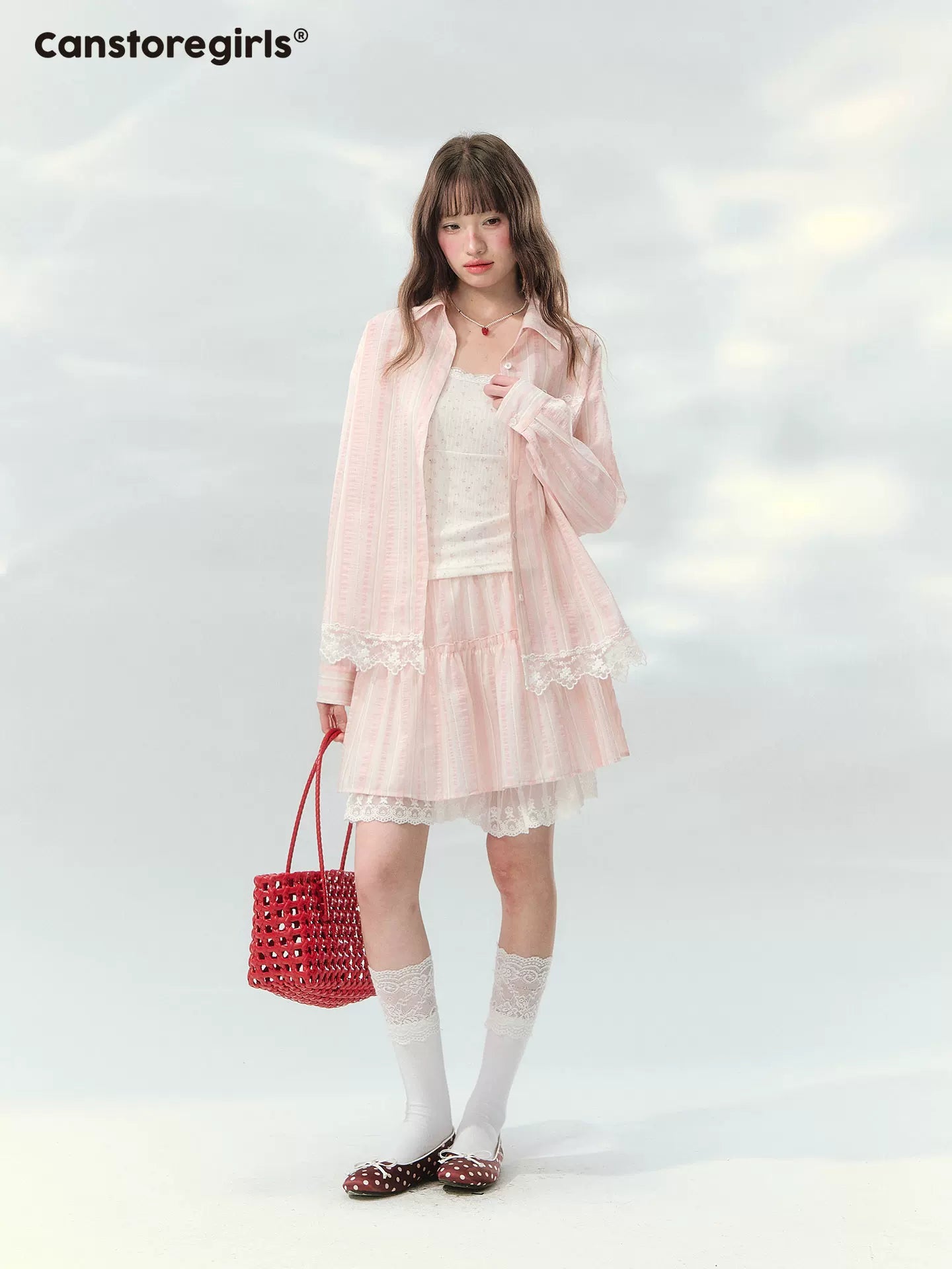 Pink striped lace trim top and skirt set