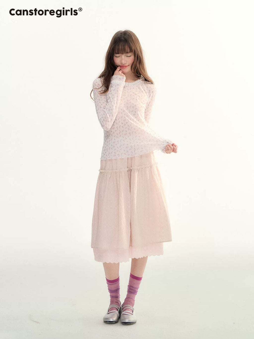 Lace trim a-line skirt with elastic waistband